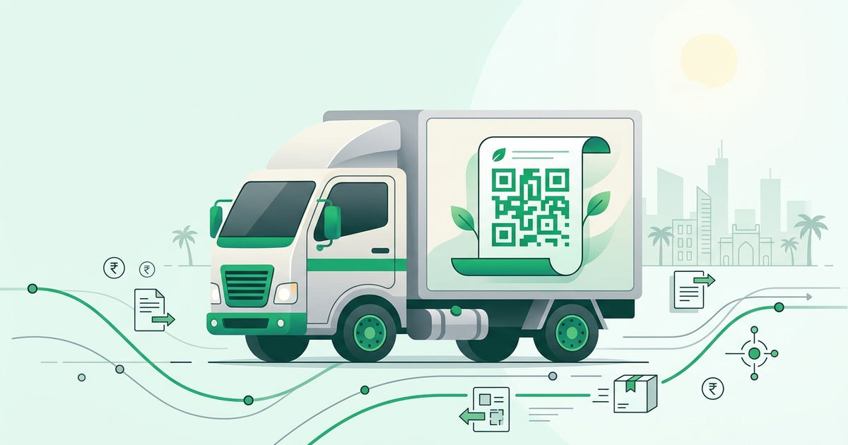Illustration of a delivery truck carrying an e-way bill for GST-compliant goods movement in India